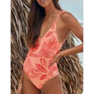 Aerie One Piece Swimsuit Size XL Peach Orange Deep V Tie Shoulders Beach